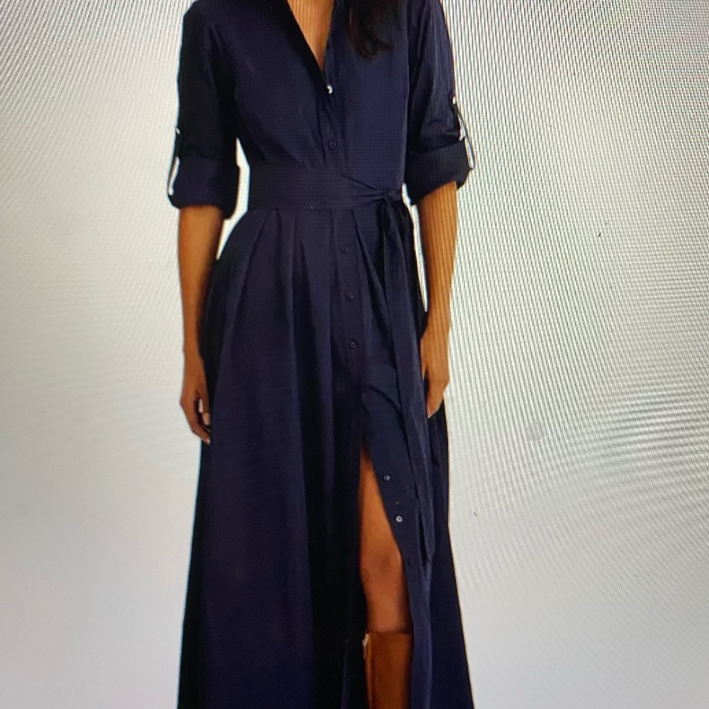 New Lauren Ralph Lauren Long-Sleeve Taffeta Gown Maxi Dress Navy Blue